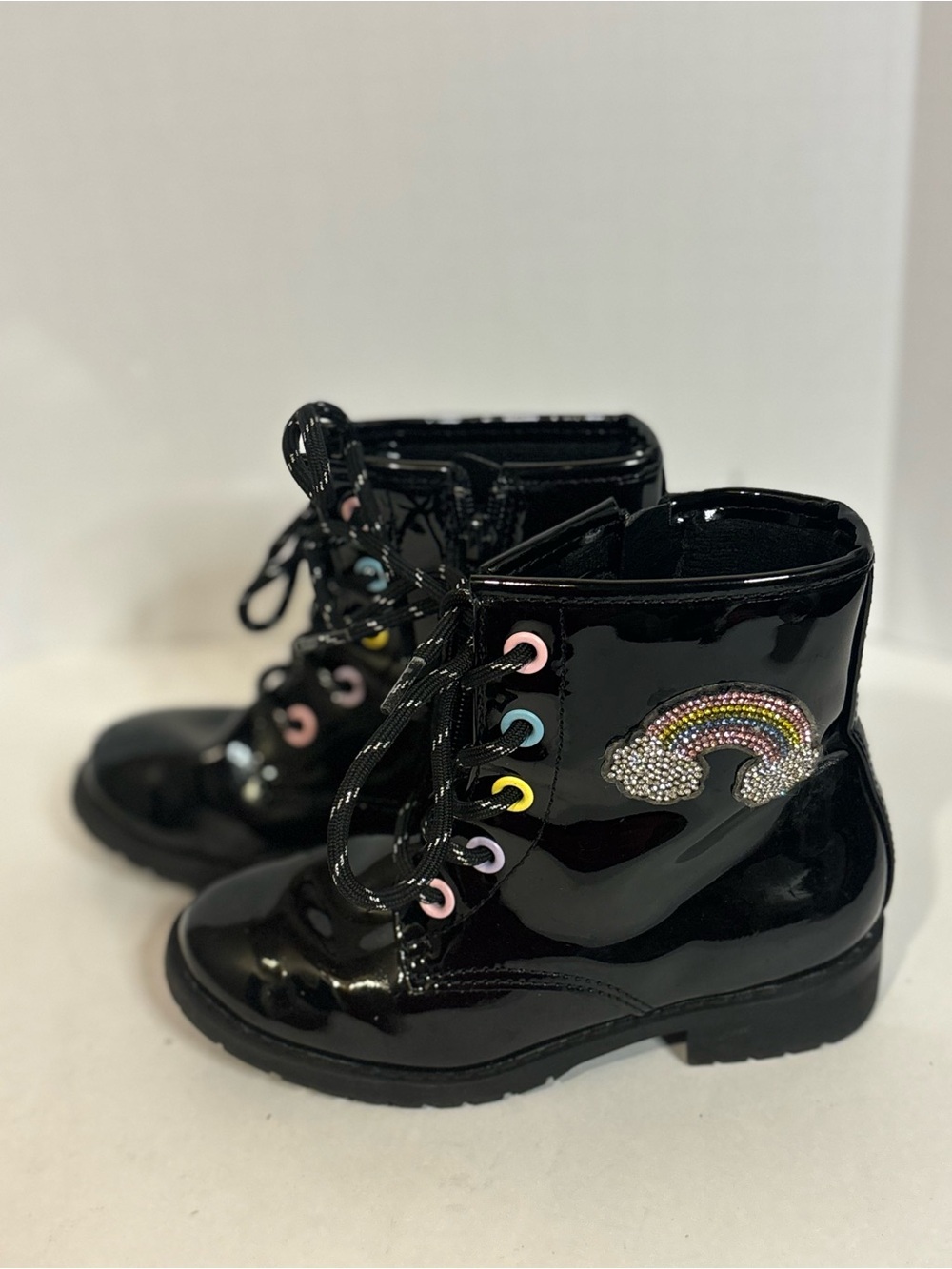 Jellypop Black Patent Kids Lace-Up Boots with Rainbow Patch